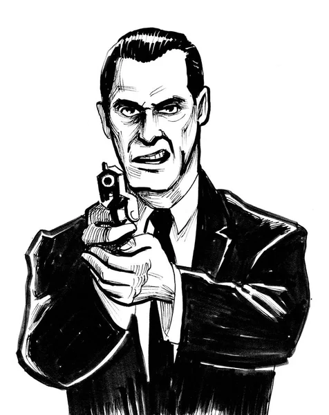 Wütender Gangster Richtet Waffe Auf Zuschauer Tusche Schwarz Weiß Zeichnung — Stockfoto