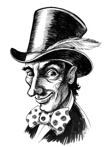 Bir Tüy Ile Şapkalı Beyefendi Mürekkep Siyah Beyaz Çizim — Stok fotoğraf