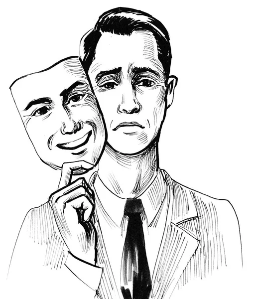 Sad Man Med Leende Mask Bläck Svart Och Vit Teckning — Stockfoto