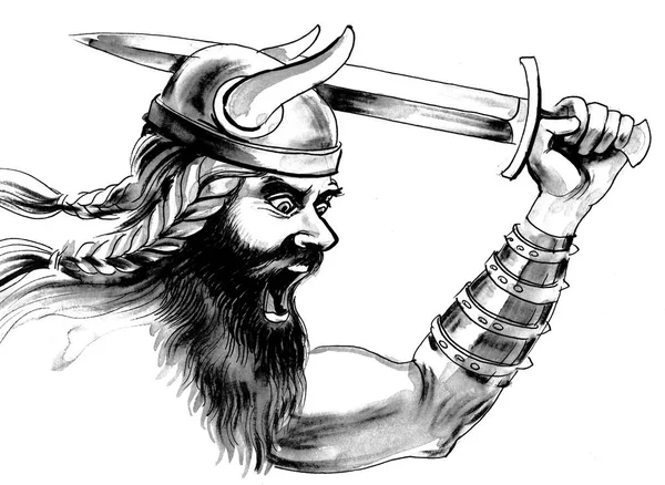 Boze Viking Krijger Met Een Zwaard Inkt Aquarel Illustratie — Stockfoto