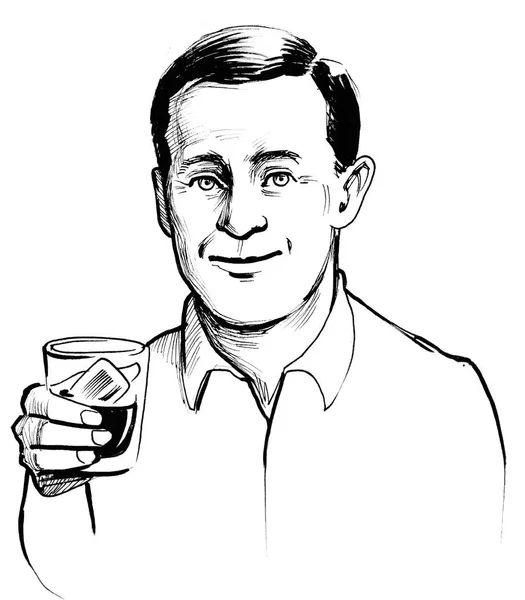 Szczęśliwy Człowiek Uśmiechający Się Przy Kieliszku Whisky Czarno Biały Rysunek — Zdjęcie stockowe