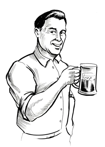 Szczęśliwy Uśmiechający Się Człowiek Kuflem Piwa Czarno Biały Rysunek Tuszem — Zdjęcie stockowe