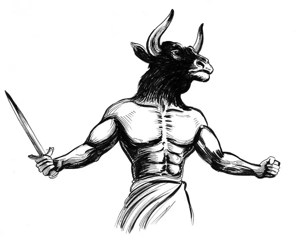Minotaurus Mit Einem Schwert Tusche Schwarz Weiß Zeichnung — Stockfoto