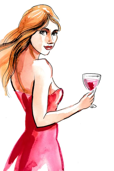 Όμορφη Γυναίκα Ένα Ποτήρι Κόκκινο Κρασί Μελάνη Και Υδατογραφία Εικονογράφηση — Φωτογραφία Αρχείου