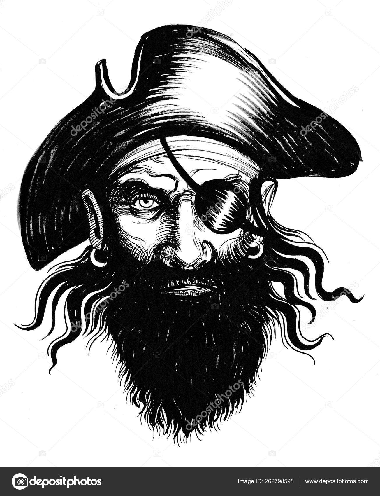 Pirate Captain Hat Eye Patch Ink Black White Illustration Stock Photo