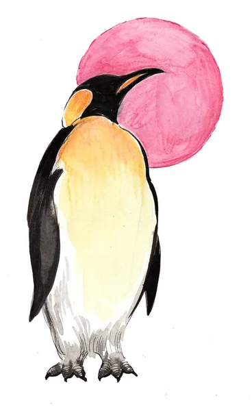 Pinguinvogel Und Rote Sonne Tusche Und Aquarell Illustration — Stockfoto