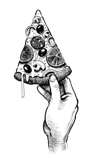 Mano Sosteniendo Pedazo Pizza Ilustración Blanco Negro Tinta —  Fotos de Stock