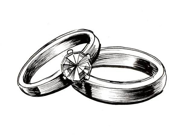 Anéis Casamento Tinta Ilustração Preto Branco — Fotografia de Stock