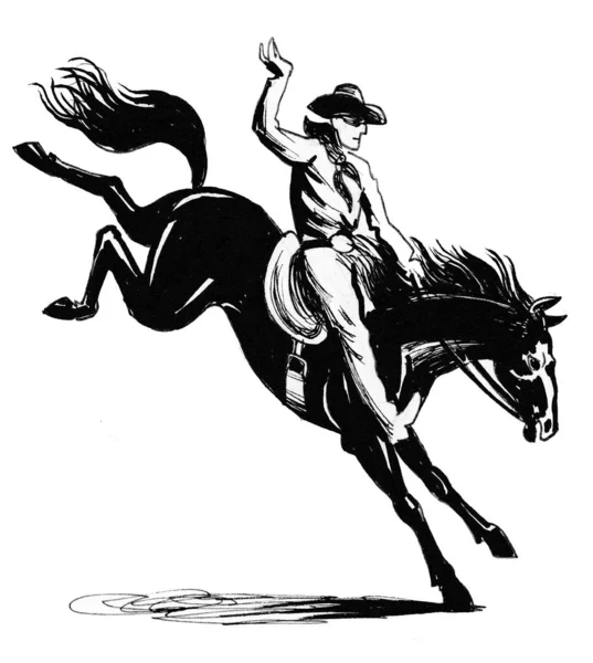 Cowboy Riding Mad Horse Ink Black White Drawing — Stock Photo, Image