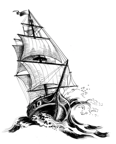 Sailing Ship Stormy Sea Ink Black White Illustration — Stock Photo, Image