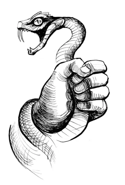 Mano Che Tiene Mano Serpente Arrabbiato Inchiostro Disegno Bianco Nero — Foto Stock