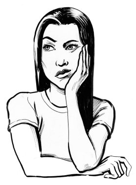 Üzgün, güzel kadın. Mürekkep siyah beyaz çizim