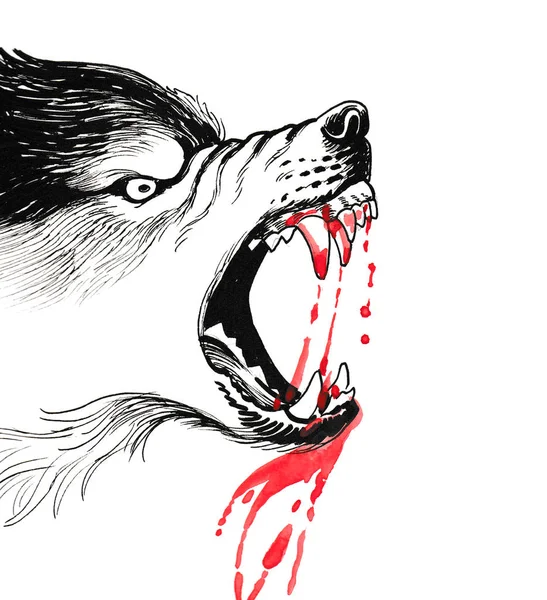 Vlk Krvavou Pusou Inkoust Akvarel Ilustrace — Stock fotografie