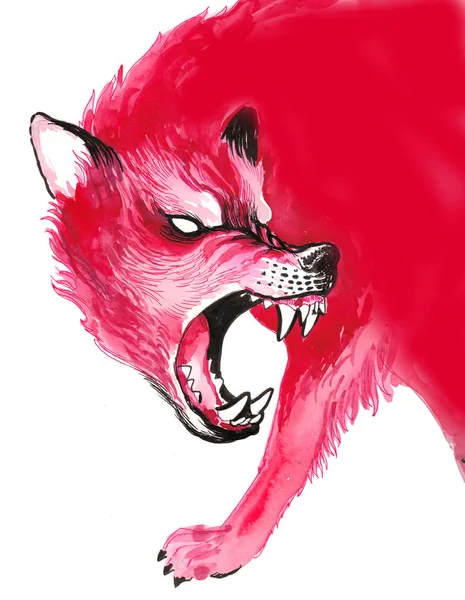 Scary Red Wolf Ink Watercolor Illustration — Stock Photo, Image