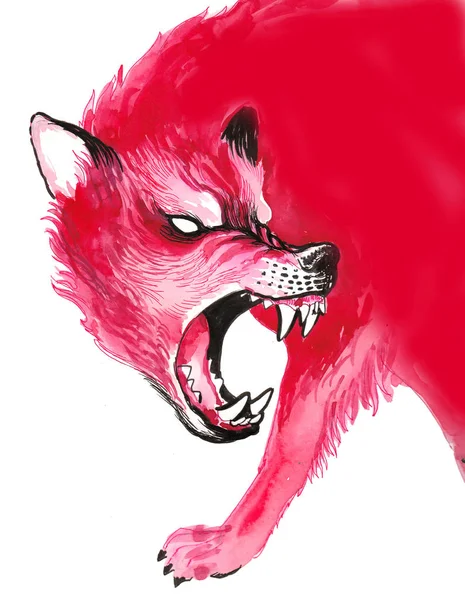 Scary red wolf. Ink and watercolor illustration