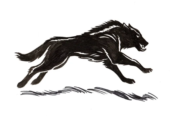 Koşan Siyah Kurt Mürekkep Çizimi — Stok fotoğraf