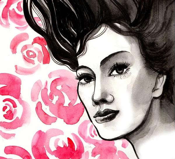Hermosa Mujer Flores Rosas Ilustración Tinta Acuarela —  Fotos de Stock