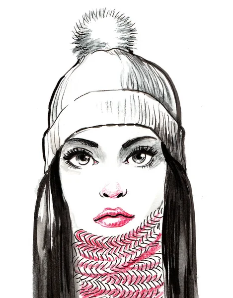 Красивая Женщина Зимней Шляпе Шарфе Чернильная Иллюстрация — стоковое фото