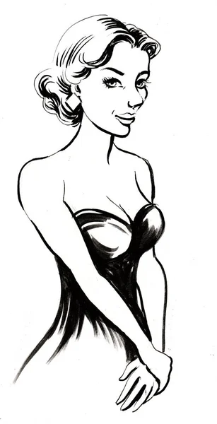 Belle Dame Robe Encre Noir Blanc Illustration — Photo