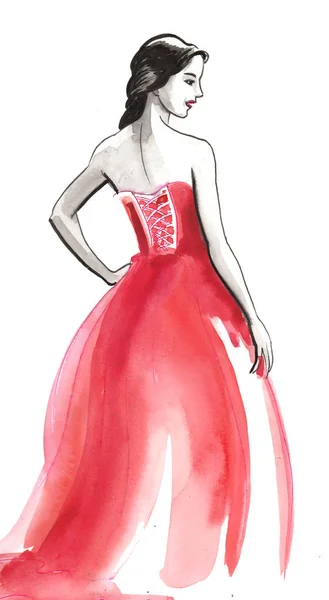 Bella Donna Classico Vestito Rosso Illustrazione Inchiostro Acquerello — Foto Stock