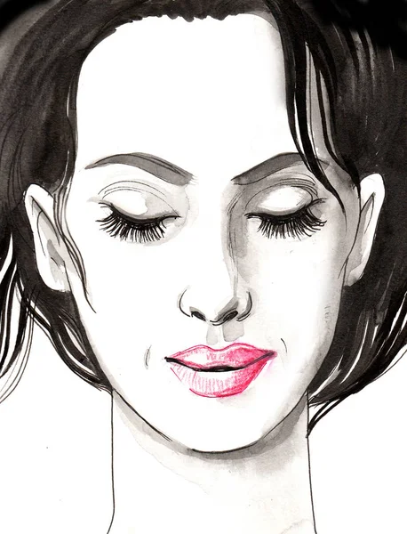 Krásná Žena Zavřenýma Očima Inkoust Akvarel Ilustrace — Stock fotografie