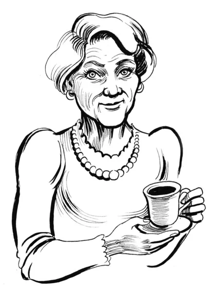 Senior Lady Cup Tea Ink Black White Illustration — Stock Photo, Image