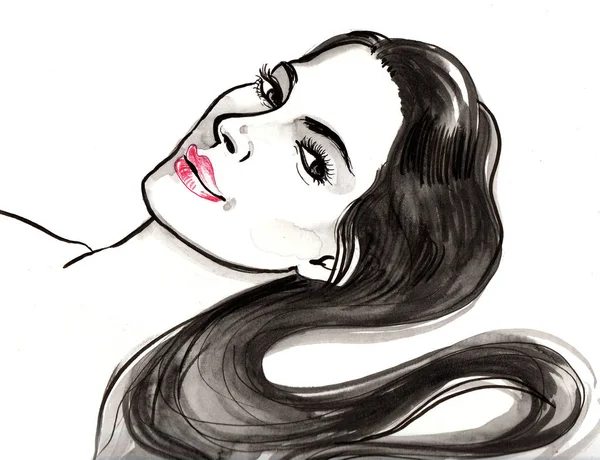 Hermosa Mujer Tendida Con Pelo Largo Ilustración Tinta Acuarela —  Fotos de Stock