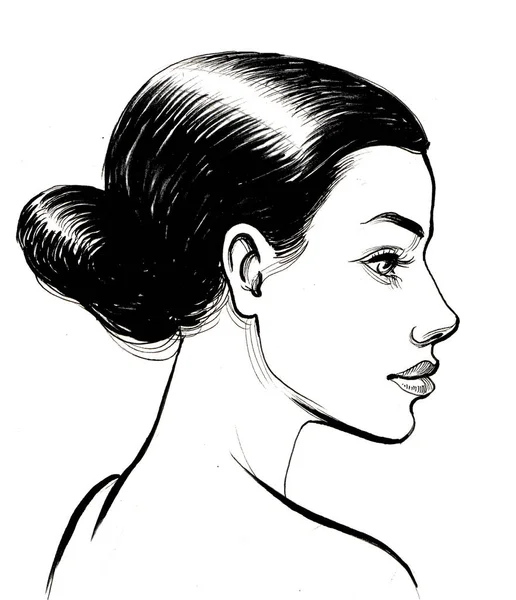 Hermosa Cabeza Mujer Ilustración Blanco Negro Tinta — Foto de Stock