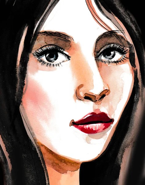 Прекрасне Жіноче Обличчя Чорнило Акварельна Ілюстрація — стокове фото