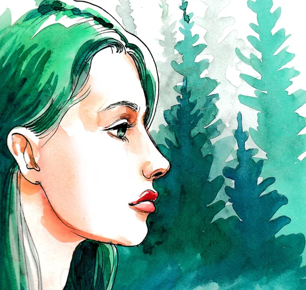 Güzel Kadın Yeşil Orman Mürekkep Suluboya Çizimi — Stok fotoğraf