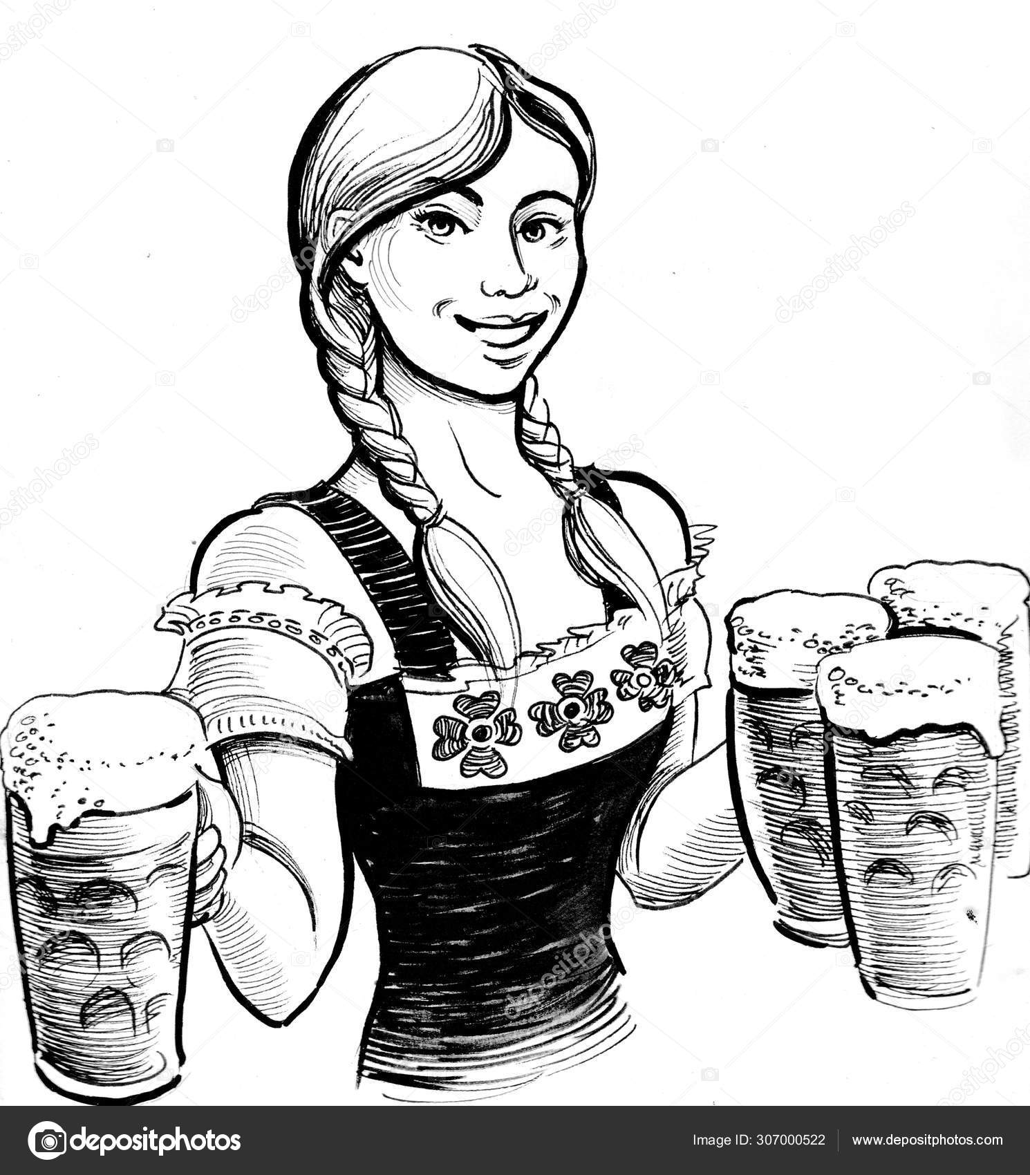 German Waitress Mugs Beer Ink Black White Illustration Stock ...