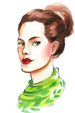 Yeşil atkılı güzel kadın. Mürekkep ve suluboya illüstrasyon
