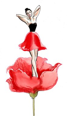 Kırmızı haşhaş çiçeği içinde güzel bir kadın. Mürekkep ve suluboya illüstrasyon