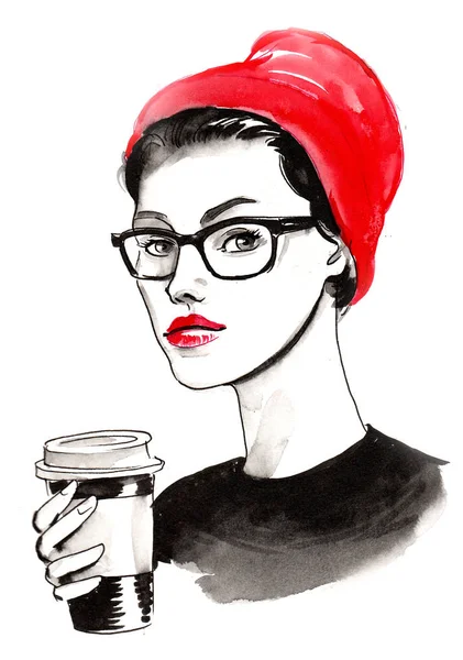 Gözlüklü ve şapkalı güzel bir kız kahve içiyor. Mürekkep ve suluboya illüstrasyon