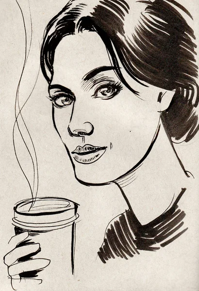 Bella Donna Che Beve Caffè Illustrazione Dell Inchiostro — Foto Stock