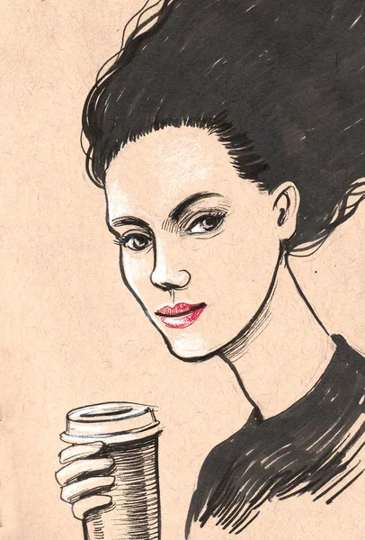 Όμορφη Γυναίκα Που Πίνει Καφέ Εικονογράφηση Μελανιού Και Κιμωλία — Φωτογραφία Αρχείου