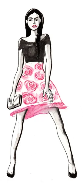 Красивая Модель Розовой Юбке Черной Блузке Чернила Акварель — стоковое фото