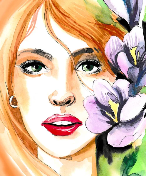 漂亮的女人的脸与紫色的花朵 墨水和水彩插图 — 图库照片