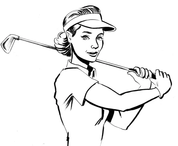 Bella Donna Con Mazza Golf Inchiostro Disegno Bianco Nero — Foto Stock