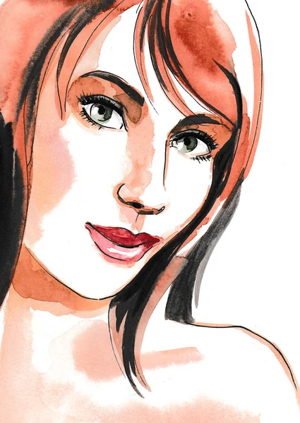 Pretty Woman Face Ink Watercolor Illustration — Stock Photo, Image