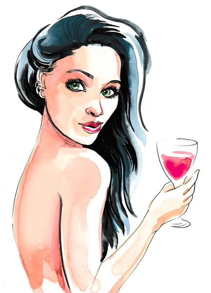 Uma Mulher Bonita Com Copo Vinho Tinta Aquarela Ilustração — Fotografia de Stock