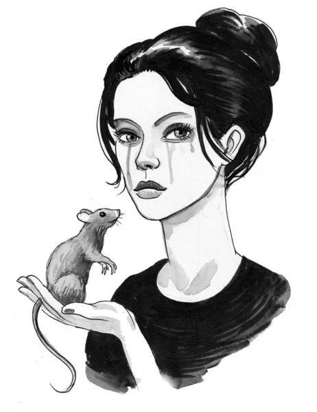 Triste Fille Qui Pleure Avec Une Souris Dans Main Illustration — Photo