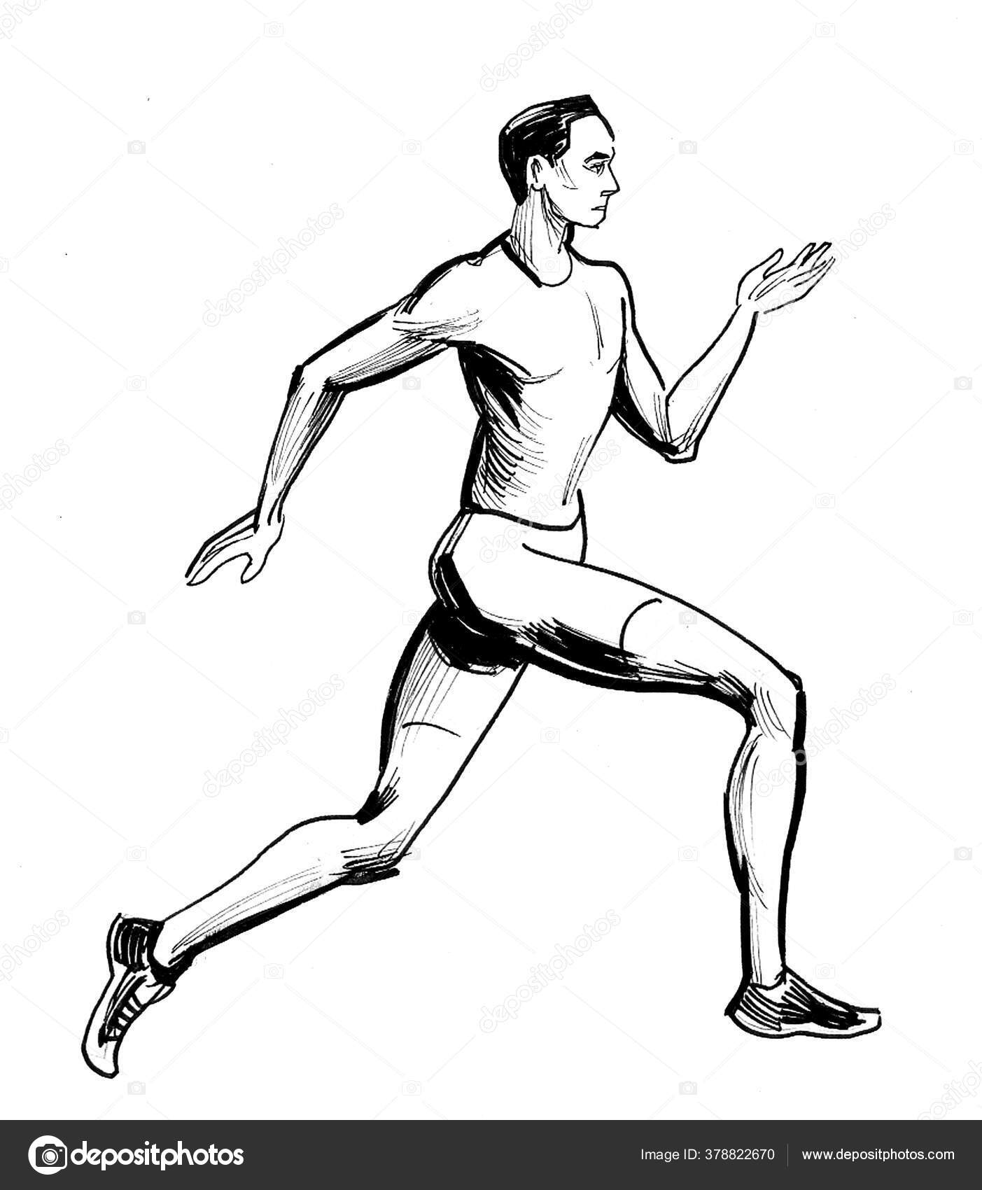 Running Athlete Ink Black White Drawing Stock Illustration by