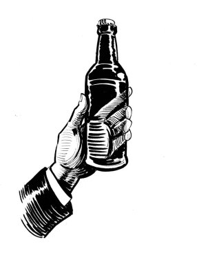 Bir şişe bira tutarken. Mürekkep siyah beyaz çizim
