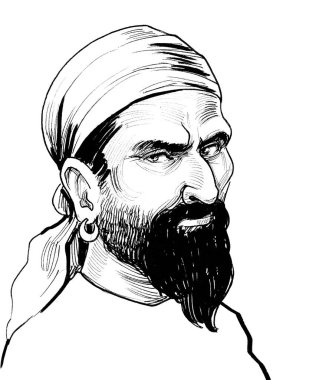 Ciddi görünen bir korsan. Mürekkep siyah beyaz çizim