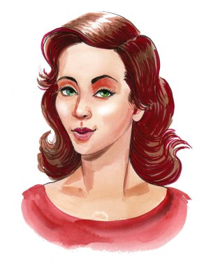 Kırmızı elbiseli güzel bir kadın. Mürekkep ve suluboya çizim