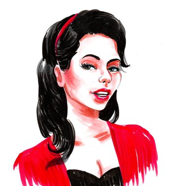 Güzel esmer kadın. Mürekkep ve suluboya çizim