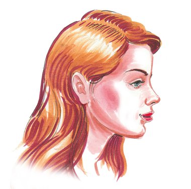 Güzel sarışın kadın. Mürekkep ve suluboya çizim
