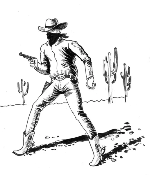 Cowboy Mexicaanse Woestijn Inkt Zwart Wit Tekening — Stockfoto