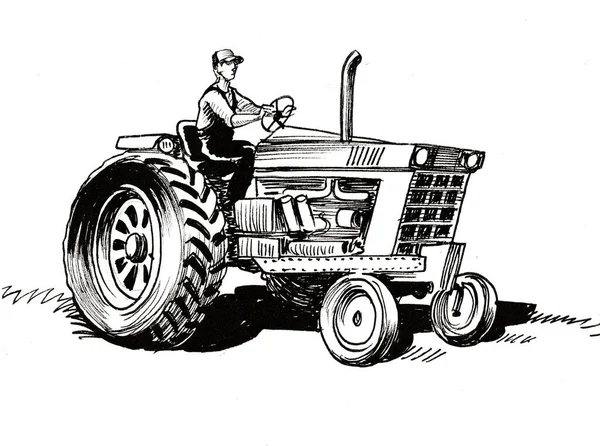 Fermier Sur Tracteur Rétro Encre Dessin Noir Blanc — Photo